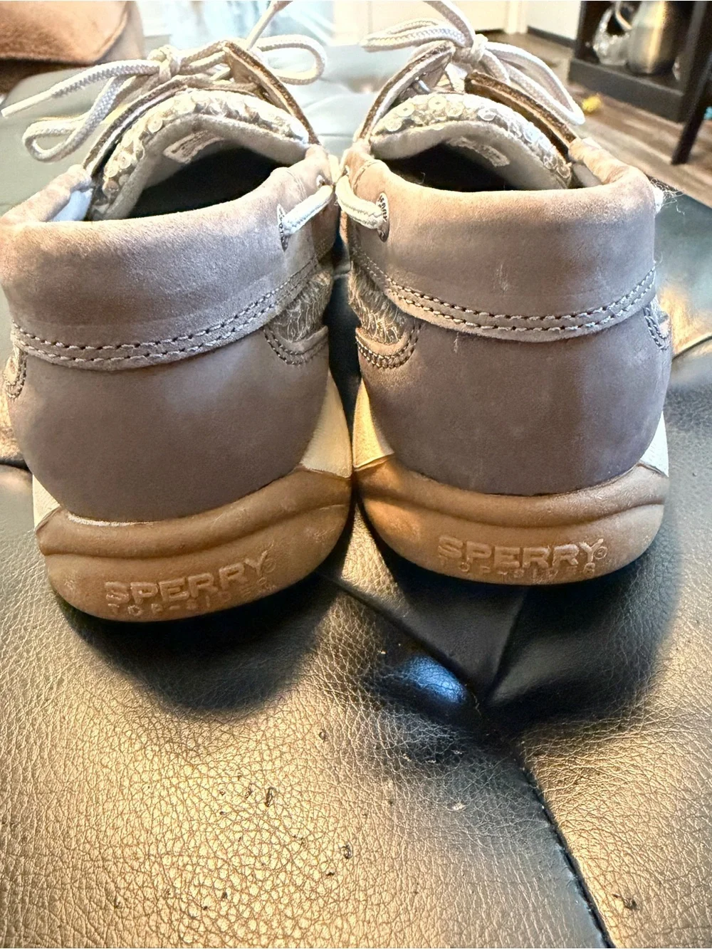 Sperry Taupe Leather Boat Shoes with White Laces